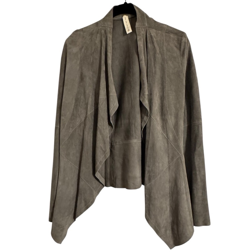 ILLIA Olive Green 100% Suede Leather Draped Shawl Collar Jacket Size 4 EUC